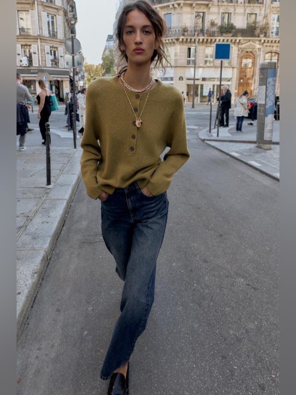 Zara Womens Sweater Buttoned Knit Jumper Medium L Green 1509/112 NWT